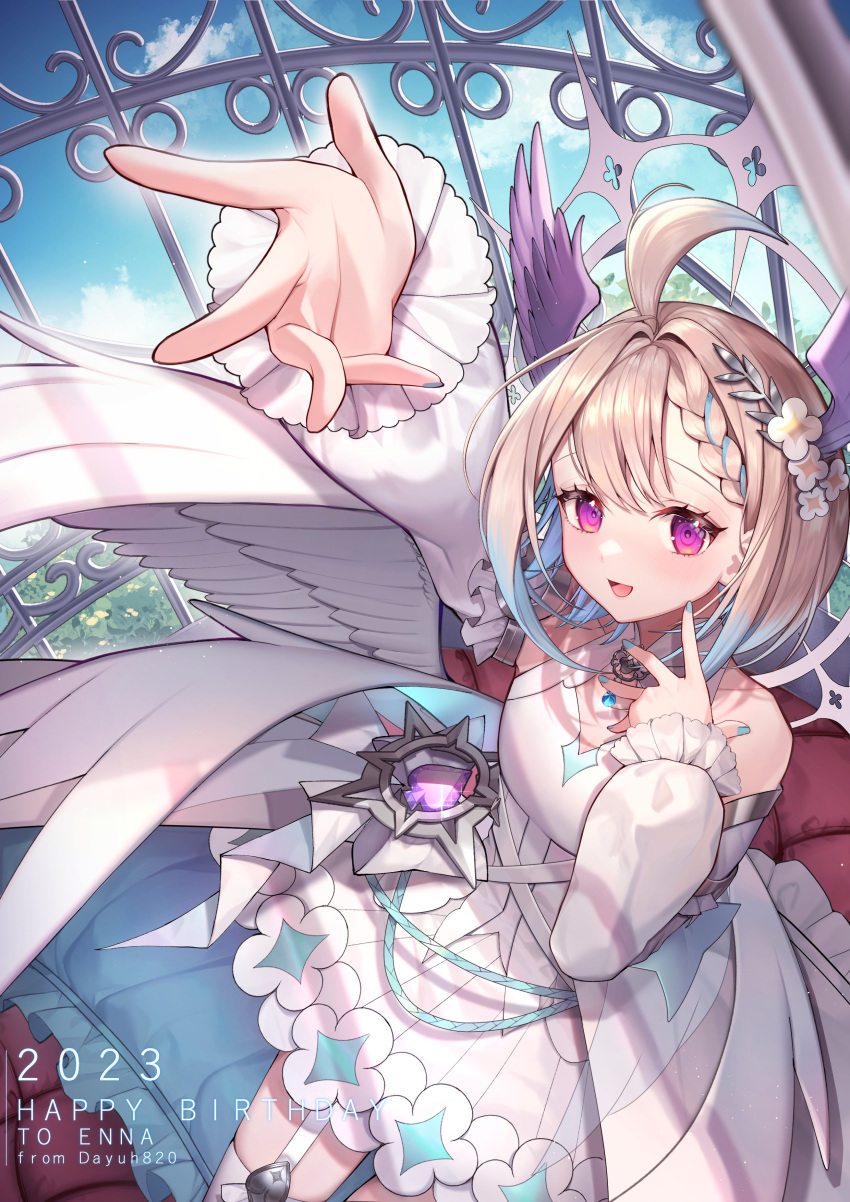 1girl absurdres bird_girl blonde_hair blue_hair blue_sky blush clouds cloudy_sky dayuh detached_sleeves dress enna_alouette flower frilled_dress frills hair_flower hair_ornament halo head_wings highres in_cage long_sleeves looking_at_viewer multicolored_hair nijisanji nijisanji_en official_alternate_costume official_alternate_hairstyle outstretched_hand puffy_sleeves purple_wings short_hair sky solo violet_eyes virtual_youtuber white_dress white_wings wings