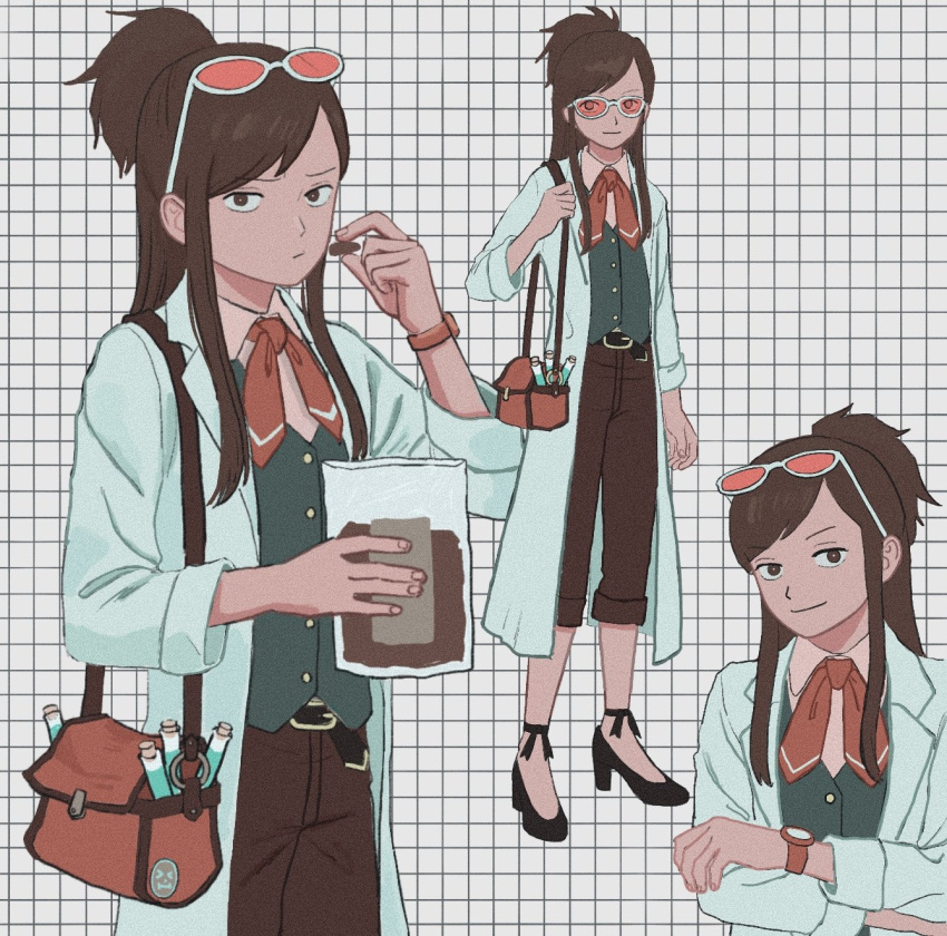 1girl 23011620x ace_attorney apollo_justice:_ace_attorney bag belt black_belt brown_hair brown_pants closed_mouth collared_shirt ema_skye eyewear_on_head food glasses half_updo highres holding holding_bag holding_food labcoat long_hair long_sleeves looking_at_viewer multiple_views necktie pants ponytail shirt shoulder_bag sidelocks simple_background sleeves_rolled_up smile solo standing white_shirt