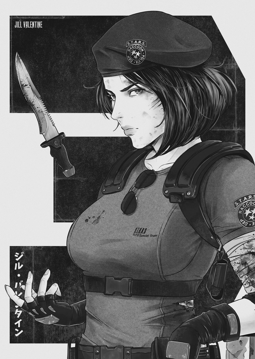 1girl armor bandaged_arm bandages beret blood blood_on_bandages breasts character_name combat_knife commentary english_commentary eyewear_around_neck eyewear_removed fingerless_gloves gloves greyscale hat highres holster jhony_caballero jill_valentine knife large_breasts lips looking_at_viewer monochrome nose police police_uniform resident_evil resident_evil_1 scratches short_hair shoulder_armor shoulder_holster solo torn_clothes uniform upper_body weapon