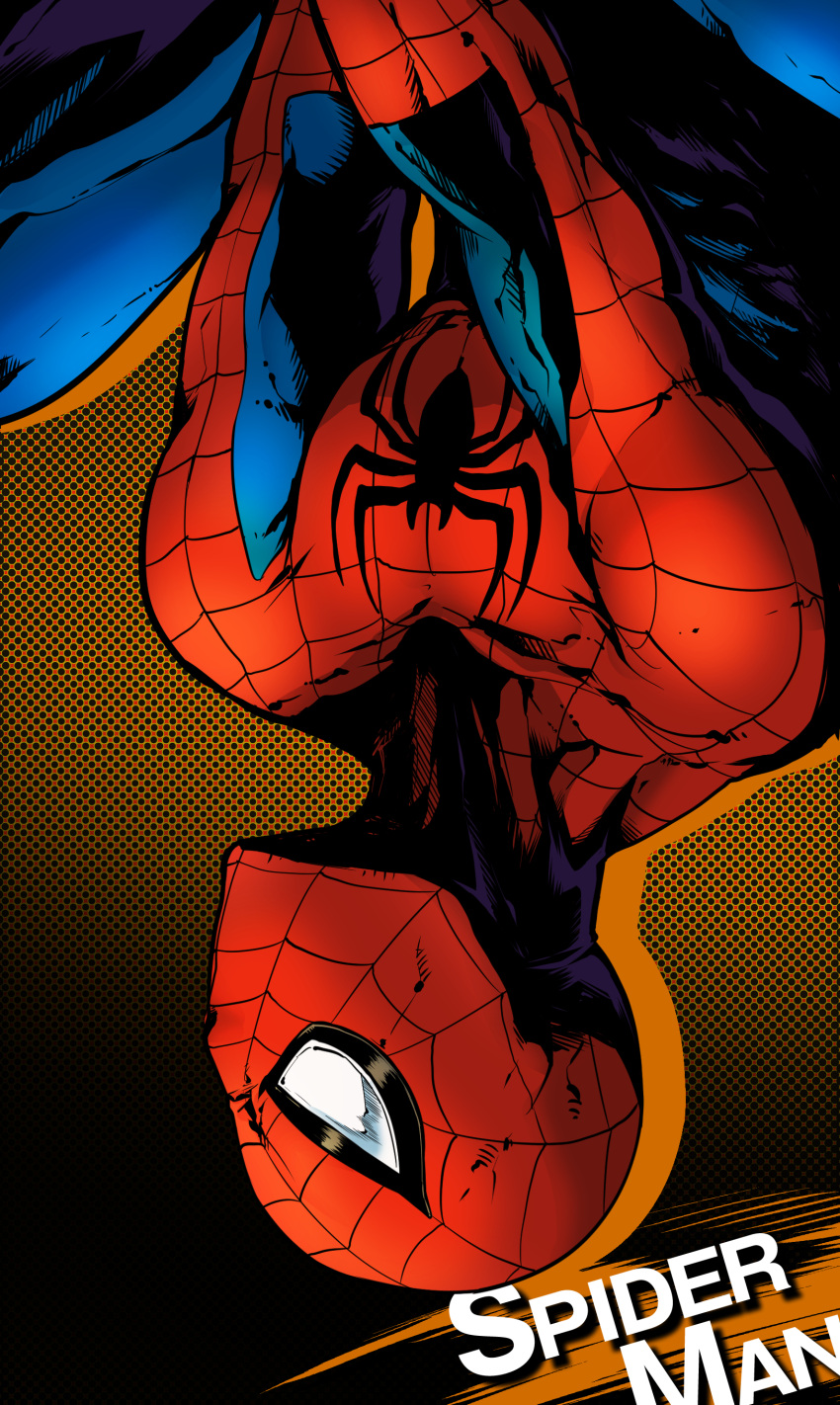 1boy absurdres bodysuit character_name commentary_request highres male_focus marvel mask solo spider-man spider-man_(series) suparu_(detteiu) superhero upside-down