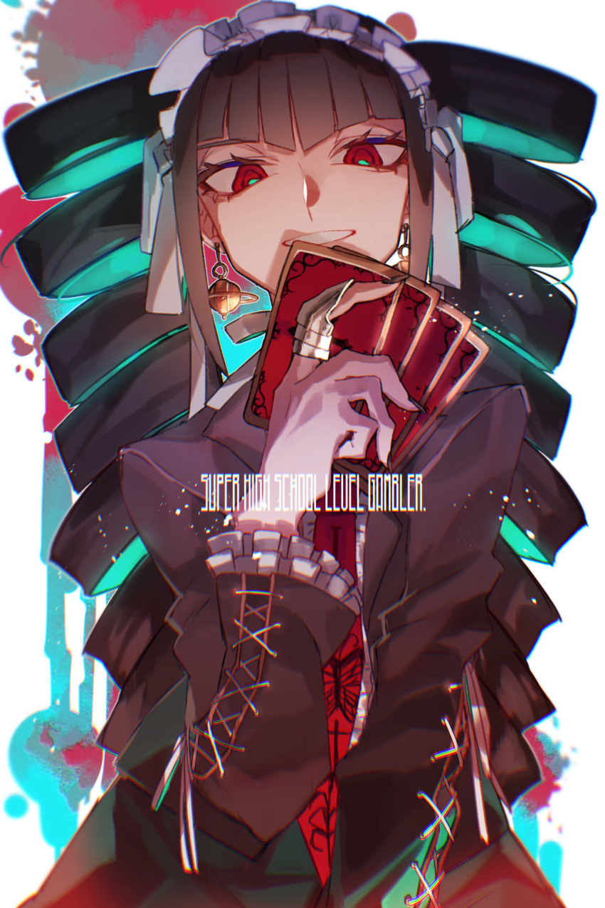 1girl bangs black_hair black_jacket black_nails card celestia_ludenberg center_frills danganronpa:_trigger_happy_havoc danganronpa_(series) drill_hair earrings frills green_background grin highres holding holding_card jacket jewelry long_hair long_sleeves nail_polish necktie playing_card print_necktie red_necktie simple_background smile solo ssssecret49 teeth twin_drills twintails upper_body white_background