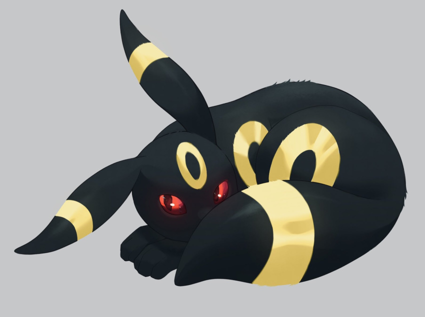 animal_focus black_eyes colored_sclera commentary_request facial_mark forehead_mark full_body grey_background highres hotarubi_(bugkhdu) looking_to_the_side no_humans pokemon pokemon_(creature) red_sclera simple_background sitting solo umbreon