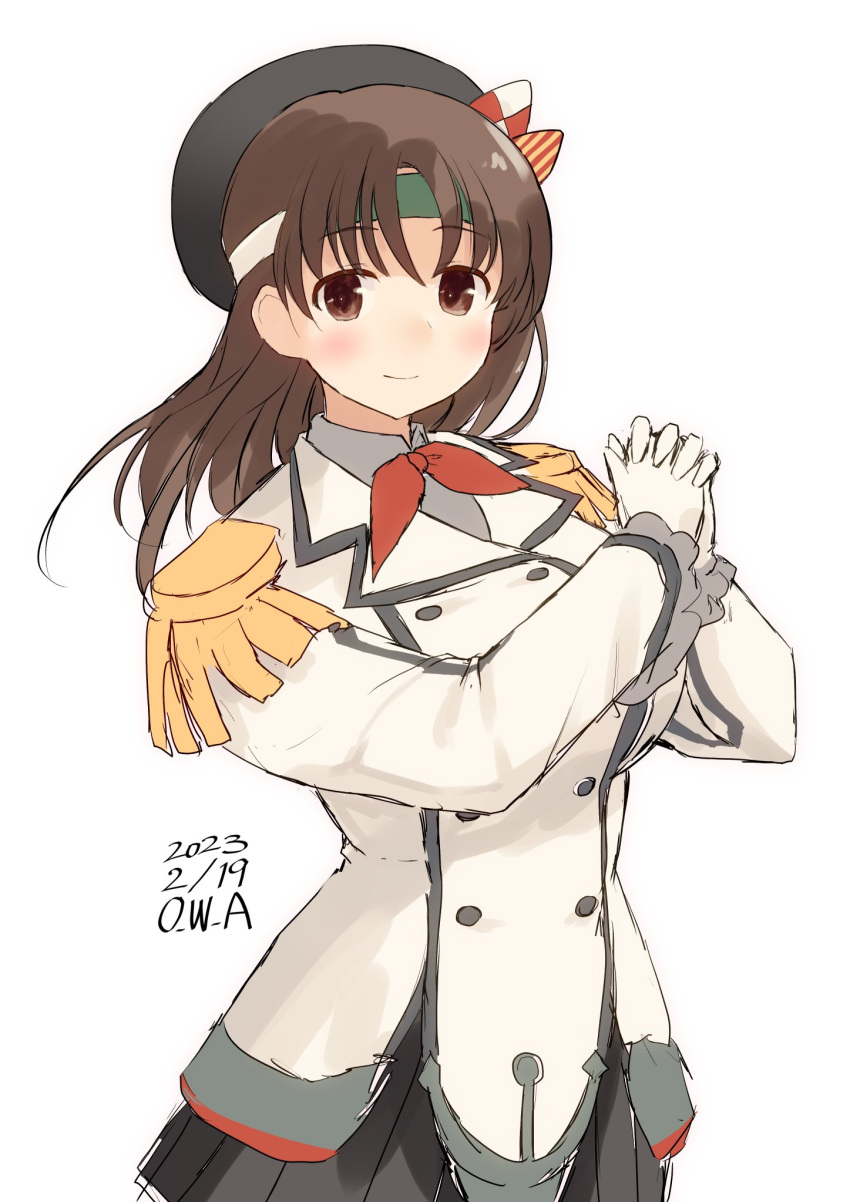 1girl alternate_costume artist_name beret breasts brown_eyes brown_hair buttons chiyoda_(kancolle) cosplay cowboy_shot dated double-breasted epaulettes frilled_sleeves frills gloves grey_skirt hat headband highres jacket kantai_collection kashima_(kancolle) kashima_(kancolle)_(cosplay) large_breasts long_sleeves medium_hair military military_jacket military_uniform miniskirt neckerchief owa_(ishtail) own_hands_clasped own_hands_together pleated_skirt red_neckerchief simple_background skirt solo uniform white_background white_gloves white_jacket