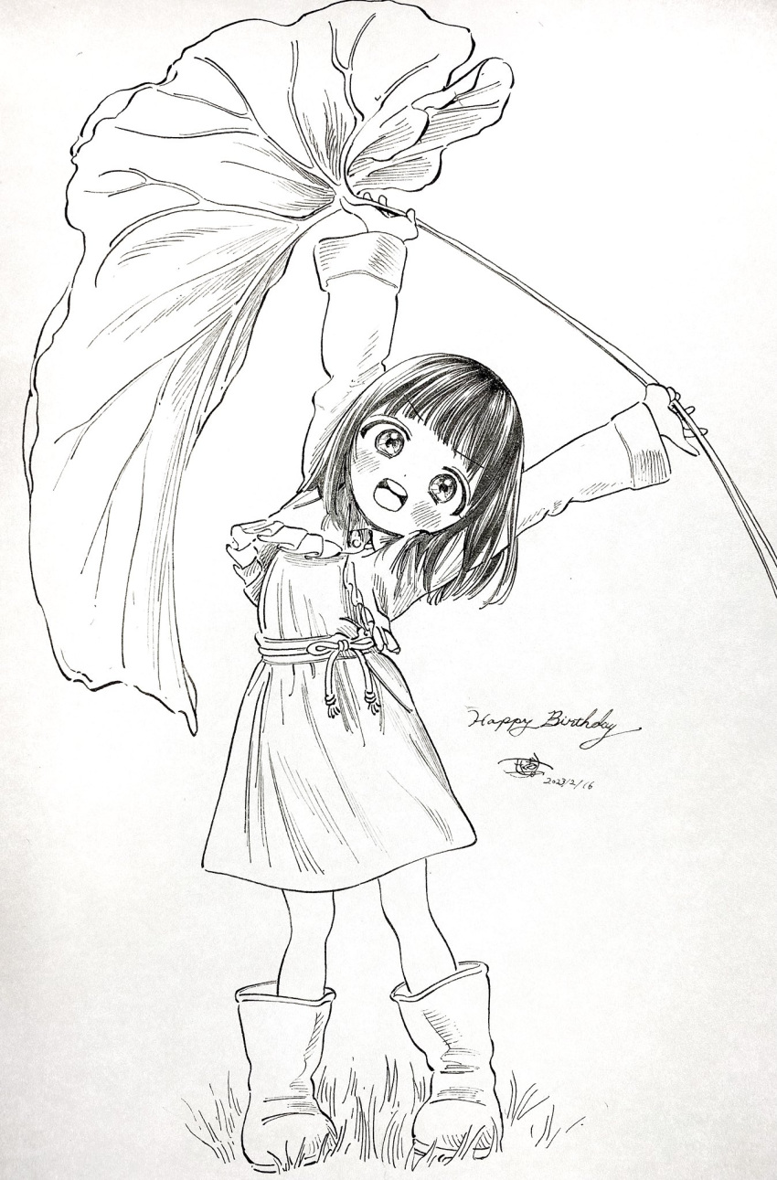 1girl akebi-chan_no_serafuku akebi_kao arms_up bangs blunt_bangs boots dated dress female_child frilled_jacket frills grass happy_birthday highres hiro_(dismaless) holding holding_leaf jacket leaf leaf_umbrella looking_at_viewer monochrome on_grass open_mouth rubber_boots signature solo standing