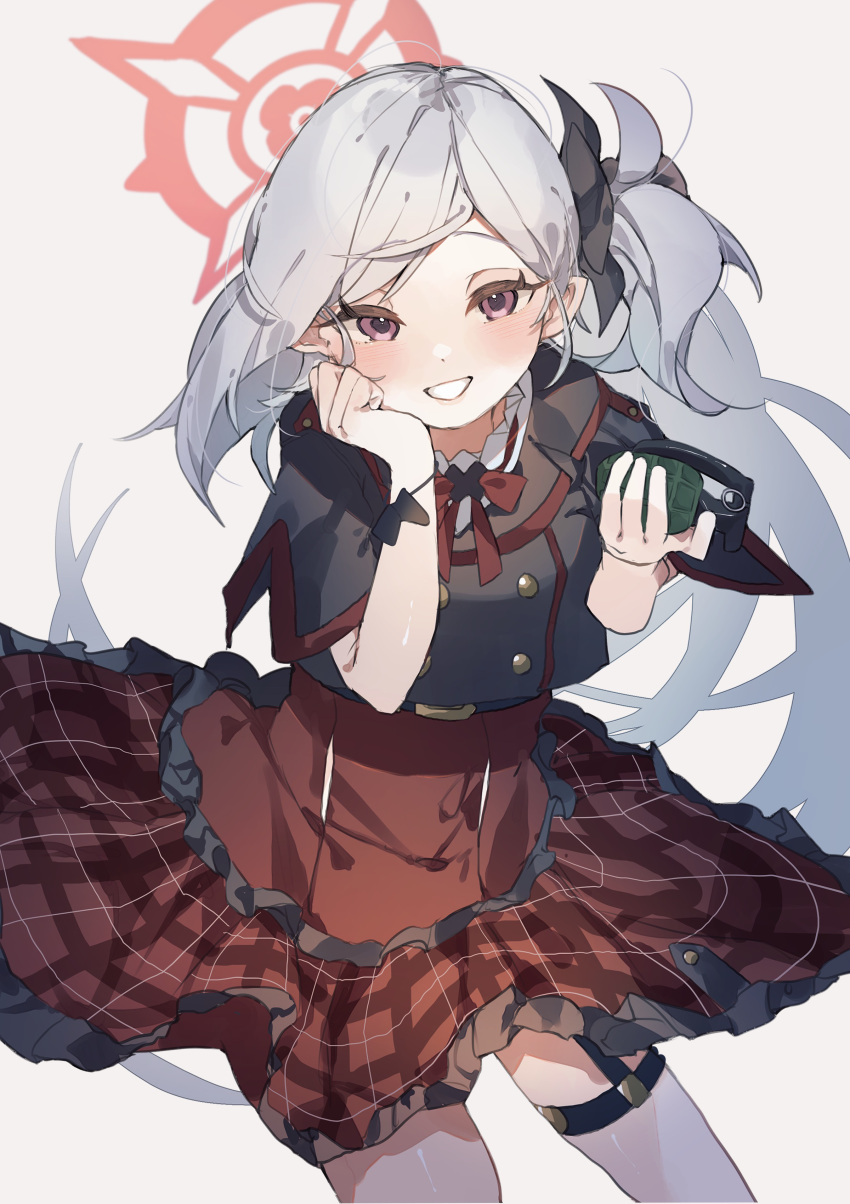 1girl :d absurdres bangs black_shirt blue_archive explosive gominami grenade grey_background grey_hair halo highres long_hair looking_at_viewer mutsuki_(blue_archive) open_mouth plaid plaid_skirt ponytail red_eyes red_skirt shirt short_sleeves side_ponytail simple_background skirt smile solo thigh_strap
