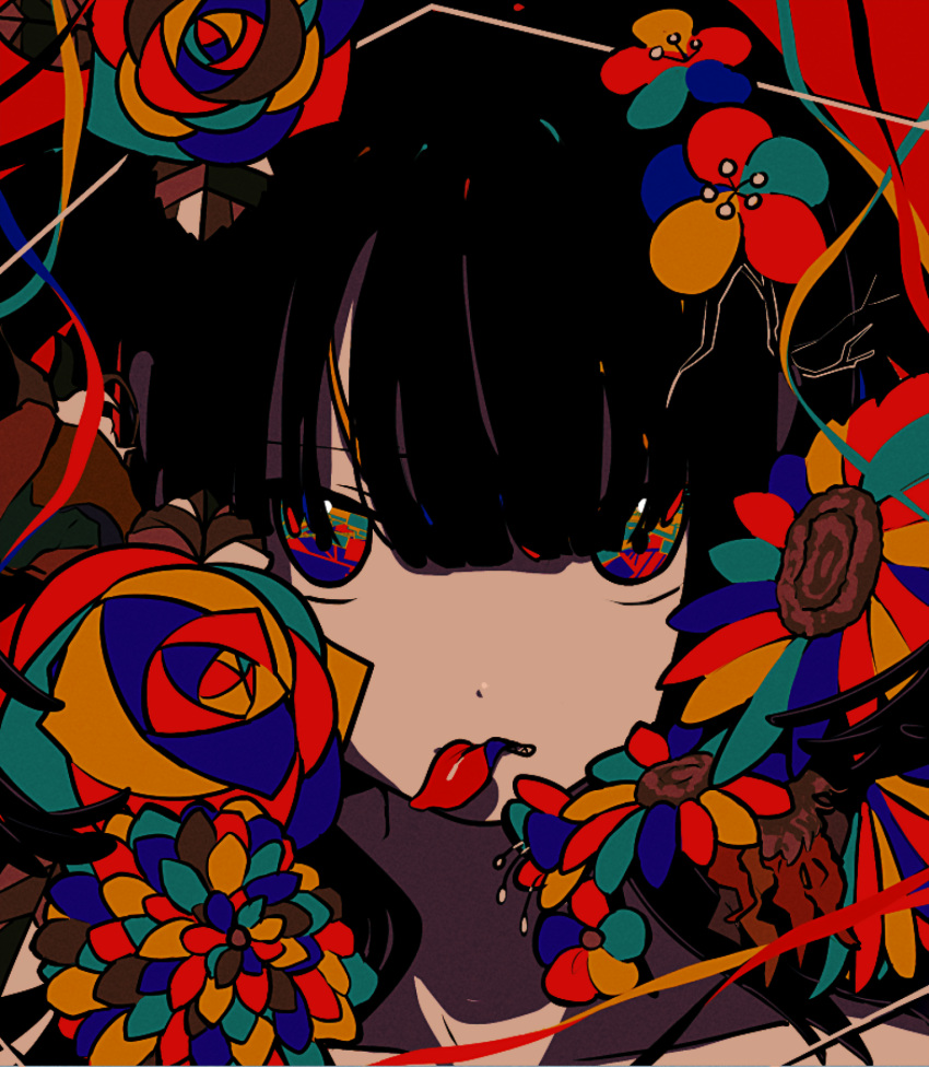 1girl bangs black_hair colorful commentary dot_nose flower highres long_bangs long_hair looking_at_viewer mouth_hold multicolored_eyes multicolored_flower multicolored_rose original petal_in_mouth petals portrait rose solo sunflower wokichi