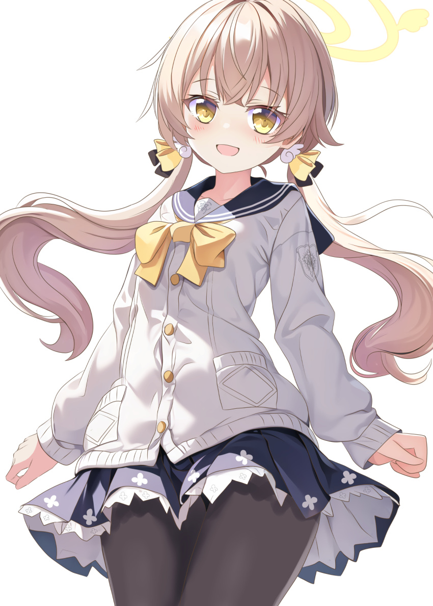1girl aruka_(alka_p1) blue_archive blush collarbone commentary_request hair_between_eyes hair_ornament halo hifumi_(blue_archive) highres light_brown_hair long_hair looking_at_viewer low_twintails open_mouth pantyhose ribbon school_uniform solo twintails white_background yellow_eyes