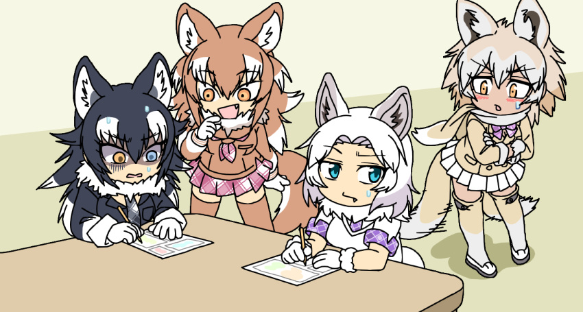 4girls afterimage alternate_design animal_ears aqua_eyes arm_at_side bangs black_hair blue_eyes blush brown_hair chibi closed_mouth commentary_request crossed_arms drawing dual_persona empty_eyes fang fang_out fur_collar gloom_(expression) gloves grey_wolf_(kemono_friends) hair_between_eyes hand_rest hand_up heterochromia holding holding_pencil jacket japanese_wolf_(kemono_friends) kemono_friends leaning_forward legs_apart light_brown_hair long_hair long_sleeves looking_at_another looking_at_object medium_hair microskirt motion_lines multicolored_hair multiple_girls necktie open_mouth orange_eyes paper parted_lips pencil plaid plaid_necktie plaid_skirt plaid_sleeves pleated_skirt red_eyes scarf shaded_face shoes short_sleeves sitting skirt srd_(srdsrd01) standing stress sweat sweatdrop tail tail_wagging tan thigh-highs tundra_wolf_(kemono_friends) two-tone_hair v-shaped_eyebrows white_hair wolf_ears wolf_girl wolf_tail yellow_eyes zettai_ryouiki