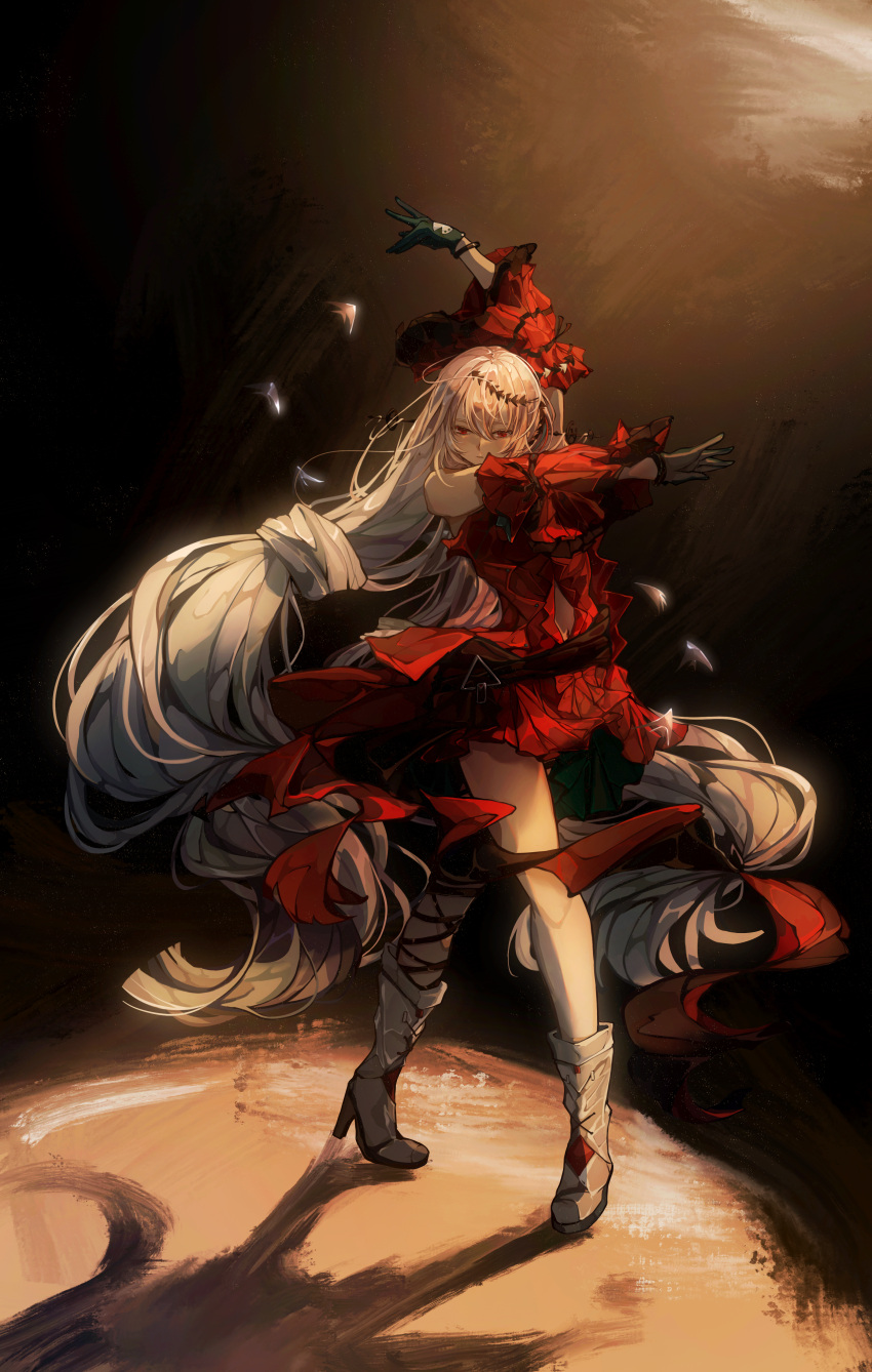 1girl absurdly_long_hair absurdres arknights arms_up ascot bare_shoulders black_ascot black_ribbon boots closed_mouth dancing dress floating_hair full_body grey_hair hair_between_eyes hair_ornament high_heel_boots high_heels highres leg_ribbon long_hair looking_at_viewer off-shoulder_dress off_shoulder qitenglanlanzi red_dress red_eyes ribbon skadi_(arknights) skadi_the_corrupting_heart_(arknights) solo very_long_hair white_footwear