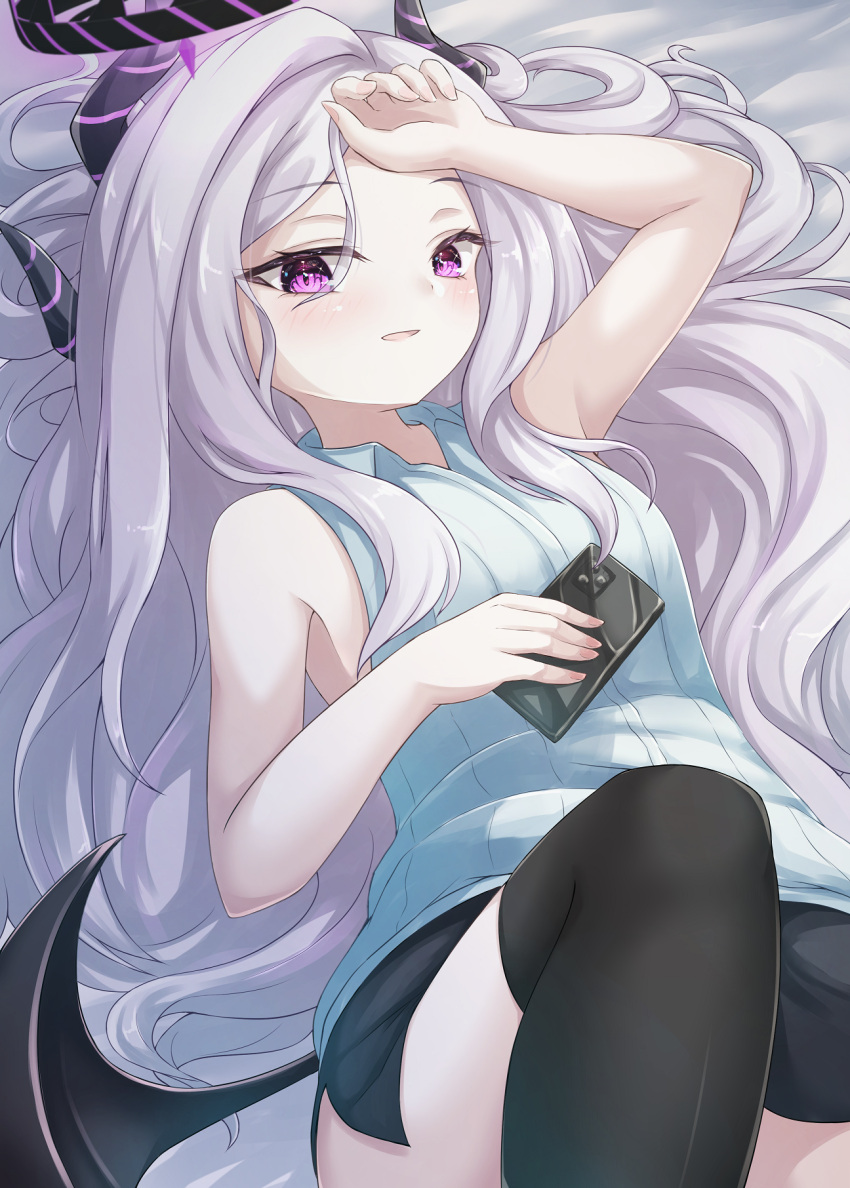 1girl :d ahoge armpits bangs bed_sheet black_thighhighs blue_archive cellphone commentary_request demon_girl demon_horns demon_wings forehead halo hand_on_own_head highres hina_(blue_archive) holding holding_phone horns knee_up long_hair looking_at_viewer lying mochizuki_hull on_back parted_bangs phone side_slit sidelocks sleeveless smartphone smile solo thigh-highs wings zettai_ryouiki