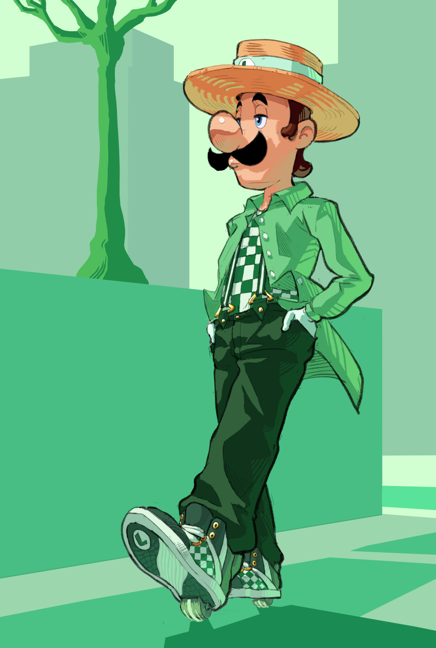 1boy absurdres alternate_costume bare_tree big_nose blue_eyes boater_hat brown_hair buttons checkered_clothes checkered_footwear checkered_shirt closed_mouth clothes_writing collared_jacket commentary english_commentary facial_hair full_body gloves green_background green_footwear green_pants green_theme half-closed_eyes hands_in_pockets heelys highres jacket kingsus long_sleeves luigi male_focus mustache open_clothes open_jacket outdoors pants shirt shoes short_hair sneakers solo standing super_mario_bros. suspenders toes_up tree white_gloves yellow_headwear
