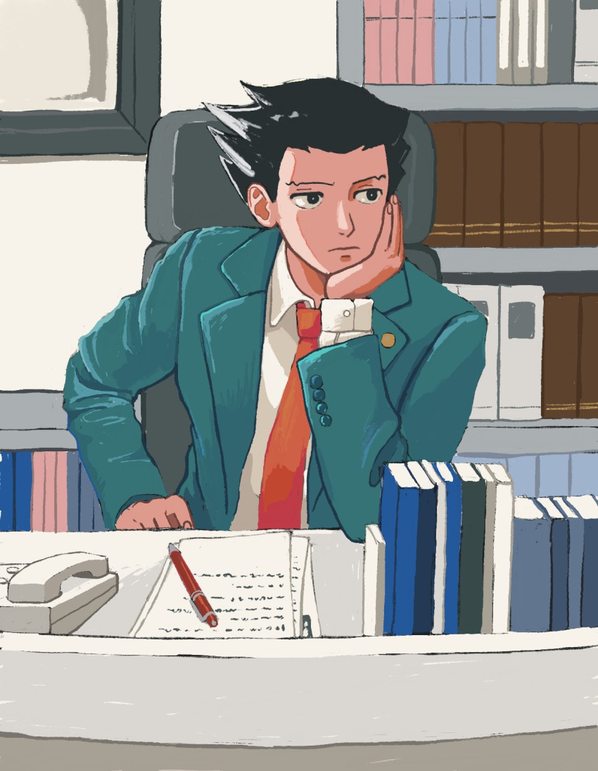 1boy 23011620x ace_attorney black_eyes black_hair blue_jacket book bookshelf bored chair closed_mouth collared_shirt corded_phone highres indoors jacket long_sleeves looking_to_the_side male_focus necktie office_chair on_chair paper pen phoenix_wright phone red_necktie shirt short_hair solo spiky_hair swivel_chair upper_body white_shirt