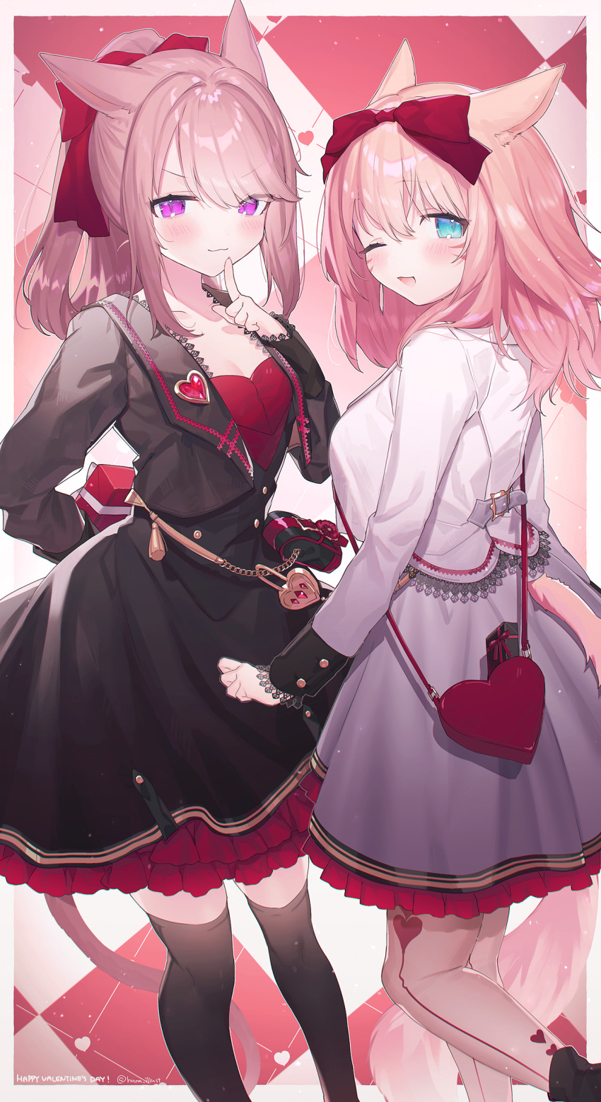 &gt;:) 2girls :3 ;d animal_ears arm_behind_back black_dress black_jacket black_thighhighs blue_eyes bow box breasts cat_ears cat_girl cat_tail cropped_jacket dress final_fantasy final_fantasy_xiv frilled_skirt frills funa_(sakana) gift gift_box hair_bow heart-shaped_bag highres jacket light_brown_hair long_hair long_sleeves looking_at_viewer medium_breasts medium_hair miqo'te multiple_girls one_eye_closed open_clothes open_jacket pink_hair ponytail pouch red_dress skirt smile tail thigh-highs v-shaped_eyebrows valentine violet_eyes white_jacket white_skirt zettai_ryouiki