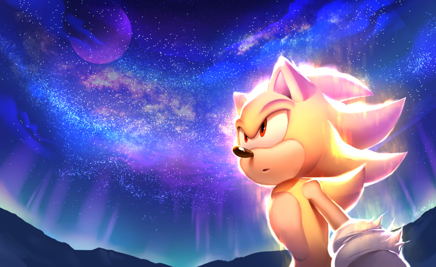1boy animal_ears animal_nose artist_name aurora blue_sky furry furry_male gloves gradient_sky hedgehog hedgehog_ears highres looking_up male_focus mountain night night_sky open_mouth outdoors planet purple_sky red_eyes shira-hedgie sky solo sonic_(series) sonic_the_hedgehog standing star_(sky) starry_sky super_sonic tongue white_gloves yellow_fur