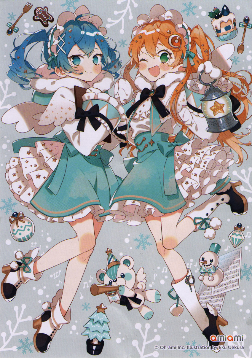 2girls :d ;d absurdres amiami_(company) amico angel_wings apron aqua_apron aqua_bow aqua_dress aqua_ribbon aura bangs bauble black_bow black_footwear blue_eyes blue_hair blush blush_stickers boots bow brooch cake christmas christmas_cake christmas_ornaments christmas_tree christmas_tree_hat closed_mouth color_coordination colored_eyelashes conifer copyright copyright_name crossed_bangs dessert dress drill_hair floating_hair food fork frilled_dress frilled_skirt frills full_body gingerbread_man gloves green_eyes greeting_card hair_ornament hand_on_own_chest hands_up hat high_five high_heel_boots high_heels highres holding holding_lantern hood hood_down jewelry knee_blush lantern leg_up lilco logo_hair_ornament long_hair long_sleeves looking_at_viewer maid_apron maid_headdress matching_outfit megaphone messy_hair mittens multi-tied_hair multiple_girls no_pupils non-web_source one_eye_closed open_mouth orange_hair party_hat platform_footwear ribbon scan self-scan shirt_tucked_in short_twintails side-tie_dress skirt smile snow_print snowflake_print snowman spoon star_(symbol) star_print striped striped_headwear stuffed_animal stuffed_toy teddy_bear thick_eyebrows twin_drills twintails uekura_eku white_dress white_footwear white_gloves white_mittens white_skirt wings winter x_hair_ornament