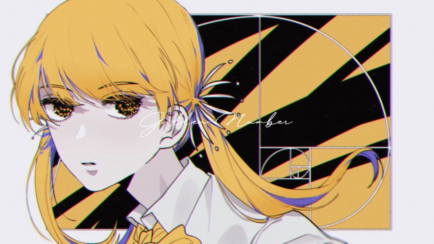 1girl bangs blonde_hair blue_hair bow bowtie collared_shirt cursive english_text expressionless floating_hair gitefusu golden_number_(vocaloid) golden_spiral hair_tie highres low_twintails medium_hair monochrome multicolored_eyes multicolored_hair no_pupils outside_border pale_skin parted_lips portrait shirt sideways_glance solo song_name spot_color swept_bangs twintails two-tone_hair yellow_theme