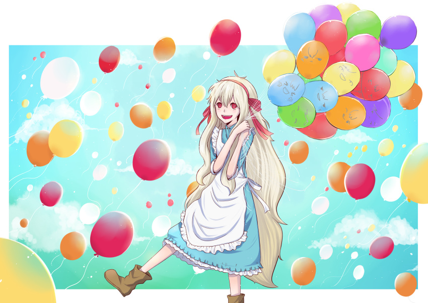 &gt;_&lt; 1girl :d apron balloon bangs blue_dress blue_sky boots bright_pupils brown_footwear buttons closed_mouth collared_dress commentary day drawing dress english_commentary expressions floating floating_object foot_out_of_frame framed frilled_apron frilled_dress frills hair_between_eyes hair_ribbon hairband happy highres holding holding_balloon jitome kagerou_project kozakura_marry licking_lips long_hair looking_ahead mekakucity_actors open_mouth pakubun red_eyes red_hairband red_ribbon ribbon short_sleeves sky smile solid_eyes solo standing standing_on_one_leg teeth tongue tongue_out too_many_balloons two-tone_dress upper_teeth_only very_long_hair white_apron white_background white_dress white_hair white_pupils zipper
