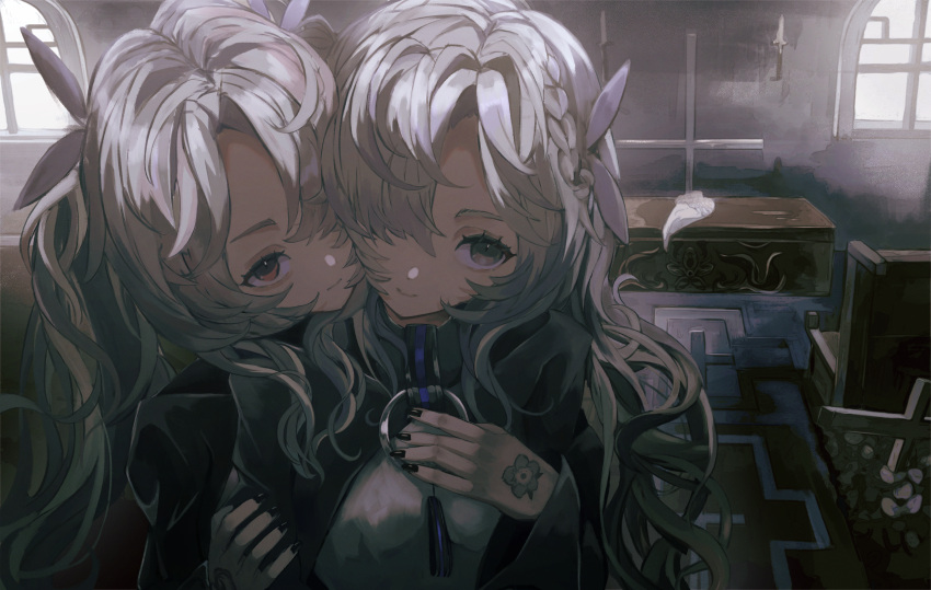 2girls absurdres black_dress black_nails braid candle clone cross dress grey_dress grey_eyes grey_hair hair_ornament hair_over_one_eye hand_on_own_chest hand_tattoo head_on_another's_shoulder highres indoors isekai_joucho kamitsubaki_studio long_hair long_sleeves looking_at_viewer multiple_girls red_eyes smile tattoo two-tone_dress twok upper_body virtual_youtuber wavy_hair window