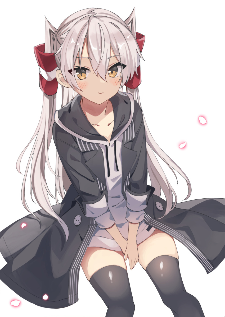 1girl absurdres amatsukaze_(kancolle) bad_anatomy bad_leg bangs black_jacket black_thighhighs blush closed_mouth collarbone fathom feet_out_of_frame hair_between_eyes hair_tubes highres hood hoodie jacket kantai_collection long_hair long_sleeves official_alternate_costume open_clothes open_jacket simple_background smile solo thigh-highs two_side_up white_background white_hair white_hoodie yellow_eyes