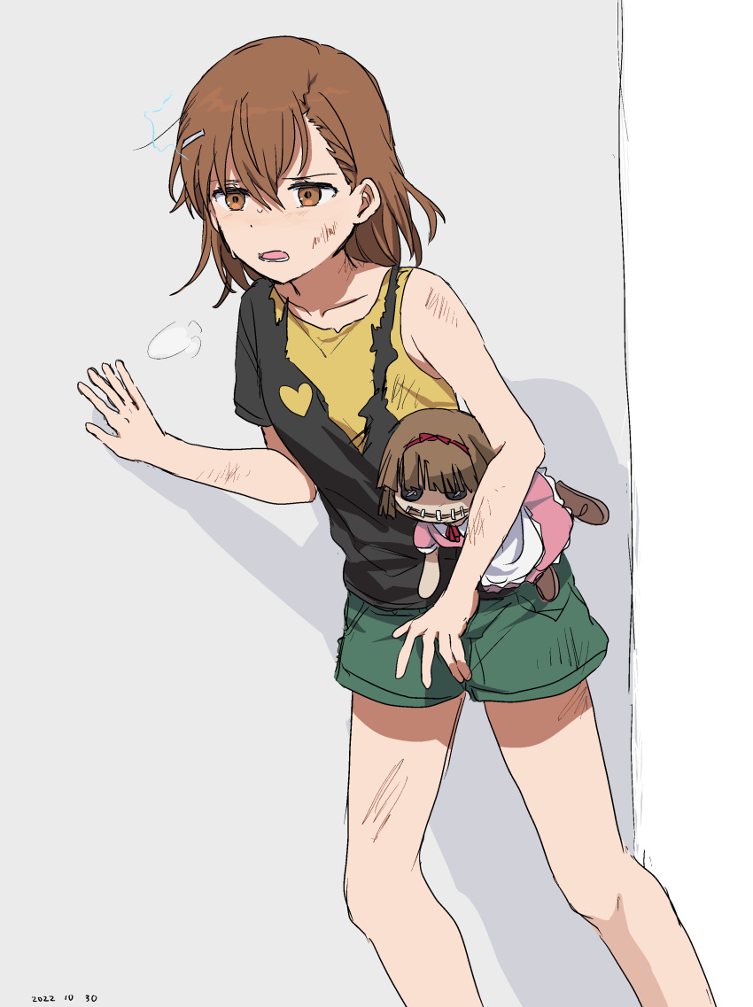 1girl absurdres black_skirt brown_eyes brown_hair collarbone commentary cowboy_shot dated electricity electrokinesis furrowed_brow green_shorts hair_ornament hairclip hand_on_wall heart heart_print heavy_breathing highres holding holding_stuffed_toy knees leaning_on_object leaning_to_the_side messy_hair misaka_mikoto open_mouth shadow shirt shorts skirt solo solo_focus stuffed_toy takatisakana toaru_majutsu_no_index torn_clothes white_background yellow_shirt