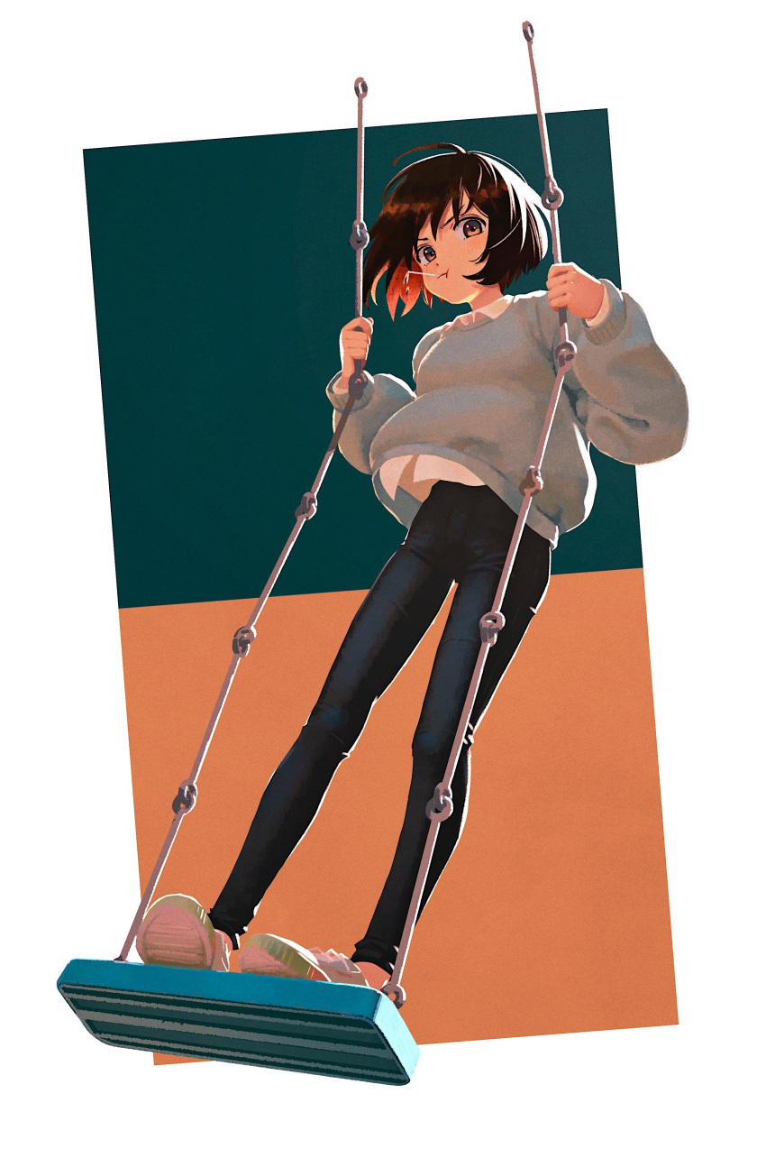 1girl :t absurdres ahoge black_pants blush brown_eyes brown_hair collared_shirt full_body grey_sweater highres kunitarou-art looking_at_viewer multicolored_background original pants pout shirt shoes short_hair sneakers solo standing_on_swing sweater swing white_footwear white_shirt