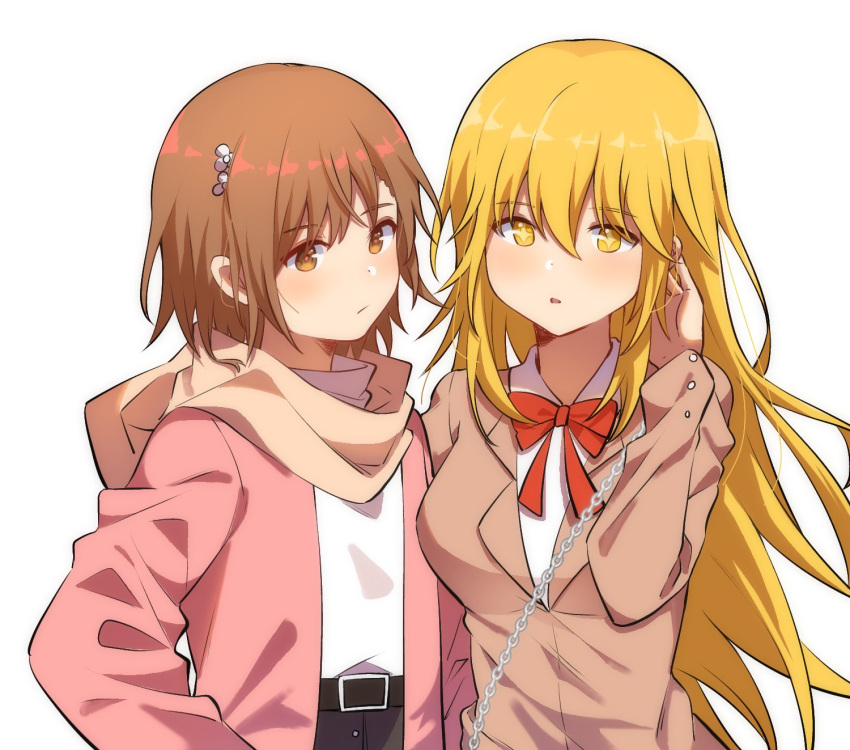 2girls arm_at_side arm_up bag bangs belt black_skirt blonde_hair blush bow breasts brown_eyes brown_hair brown_jacket brown_scarf buttons chain closed_mouth expressionless hair_ornament hairclip hand_in_own_hair hand_on_another's_back handbag highres jacket long_hair maisuiren misaka_mikoto multiple_girls official_alternate_costume open_mouth pink_jacket red_bow scarf school_uniform shirt shokuhou_misaki short_hair skirt star-shaped_pupils star_(symbol) symbol-shaped_pupils toaru_majutsu_no_index tokiwadai_school_uniform turtleneck upper_body white_background white_shirt winter_uniform yellow_eyes