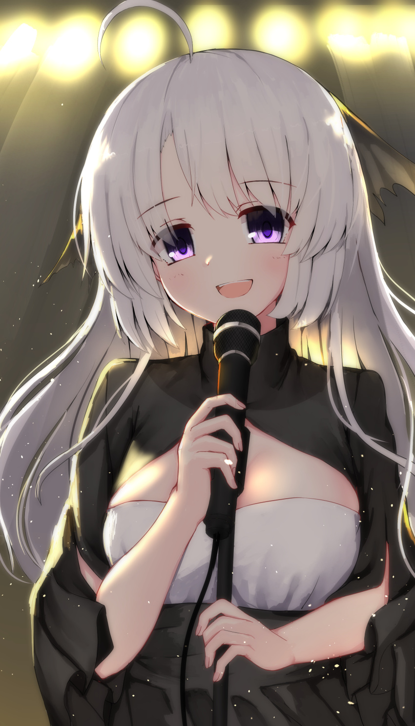 1girl absurdres ahoge ayachi_nene backlighting bangs black_dress bloom blurry blurry_background blush breasts cleavage_cutout clothing_cutout commentary dress eyes_visible_through_hair fingernails halloween_costume hand_up happy head_tilt highres holding holding_microphone holding_microphone_stand large_breasts light_particles long_hair long_sleeves microphone microphone_stand music nodoameyatou open_mouth sanoba_witch sidelocks singing smile solo stage stage_lights straight_hair teeth upper_body upper_teeth_only very_long_hair violet_eyes white_hair wide_sleeves witch