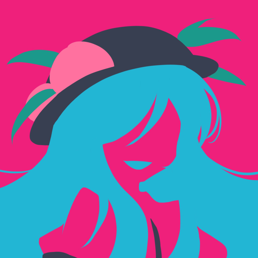 1girl blending blue_hair flat_color food fruit hat highres hinanawi_tenshi limited_palette maskin_mei no_eyes no_lineart peach portrait purple_background silhouette simple_background smile solo touhou