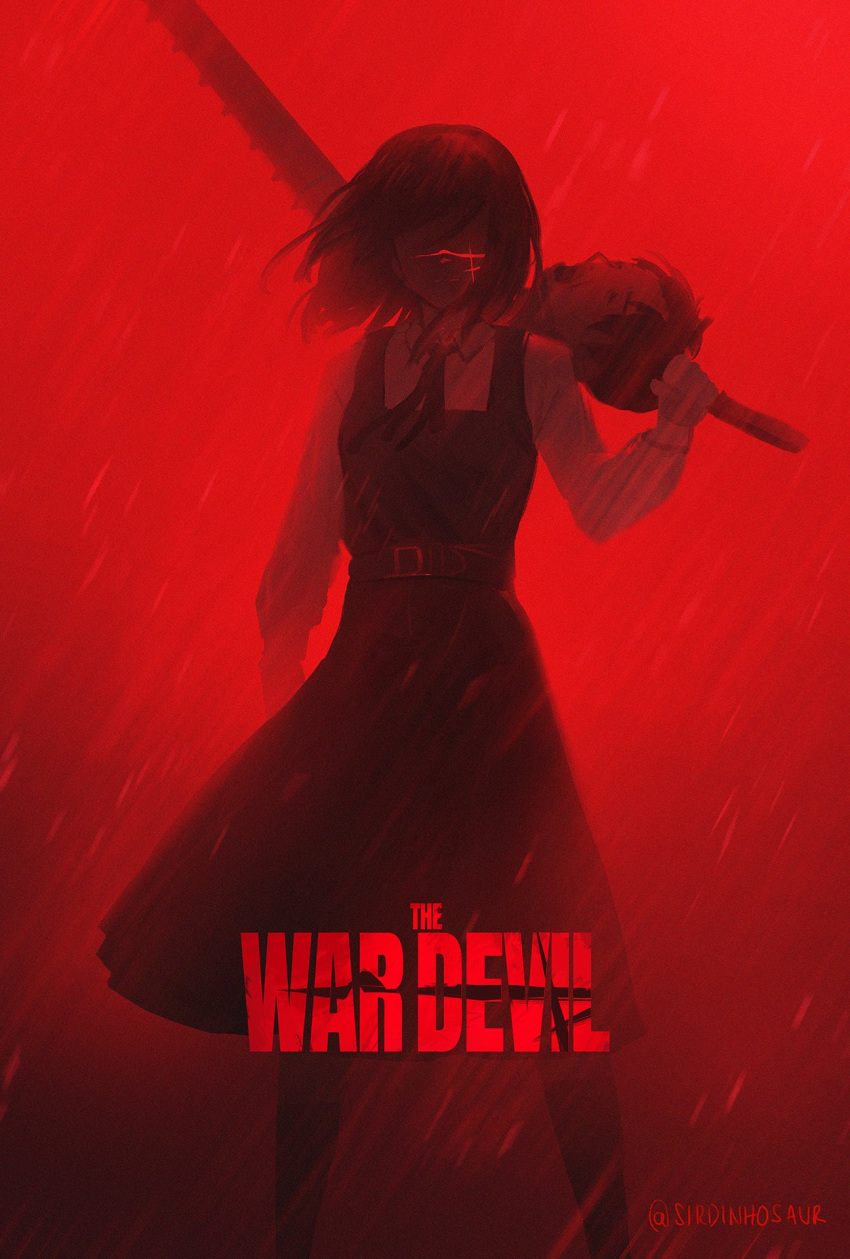 1girl chainsaw_man character_name cross_scar dinhosaur facing_viewer highres holding holding_sword holding_weapon long_hair monochrome movie_poster on_shoulder parody rain red_theme scar scar_on_cheek scar_on_face severed_head solo sword twitter_username weapon yoru_(chainsaw_man)