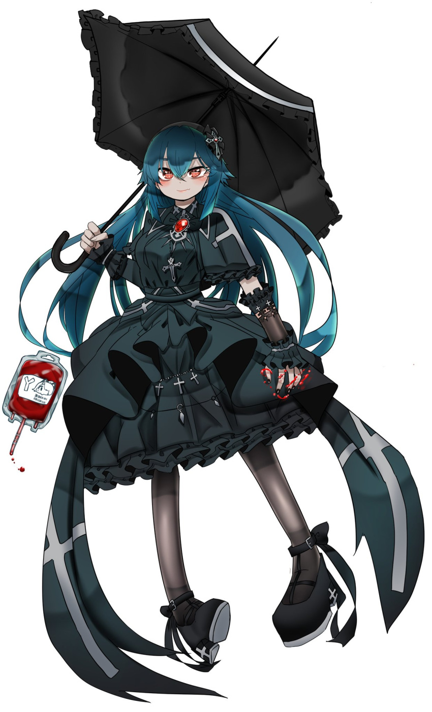 1girl arm_warmers bangs bianca_(black_survival) black_dress black_footwear black_nails black_pantyhose black_survival black_umbrella blood blood_bag blue_hair blush breasts brooch brown_eyes closed_mouth commentary_request cross cross-shaped_pupils cross_necklace dress fang fingernails frilled_dress frilled_umbrella frills full_body gem gothic_lolita hair_between_eyes hemokinesis highres jewelry kurodani_yamame lolita_fashion long_hair looking_at_viewer medium_breasts nail_polish necklace pantyhose red_eyes red_gemstone rinyamame shoes simple_background skin_fang smile solo symbol-shaped_pupils touhou umbrella very_long_hair white_background