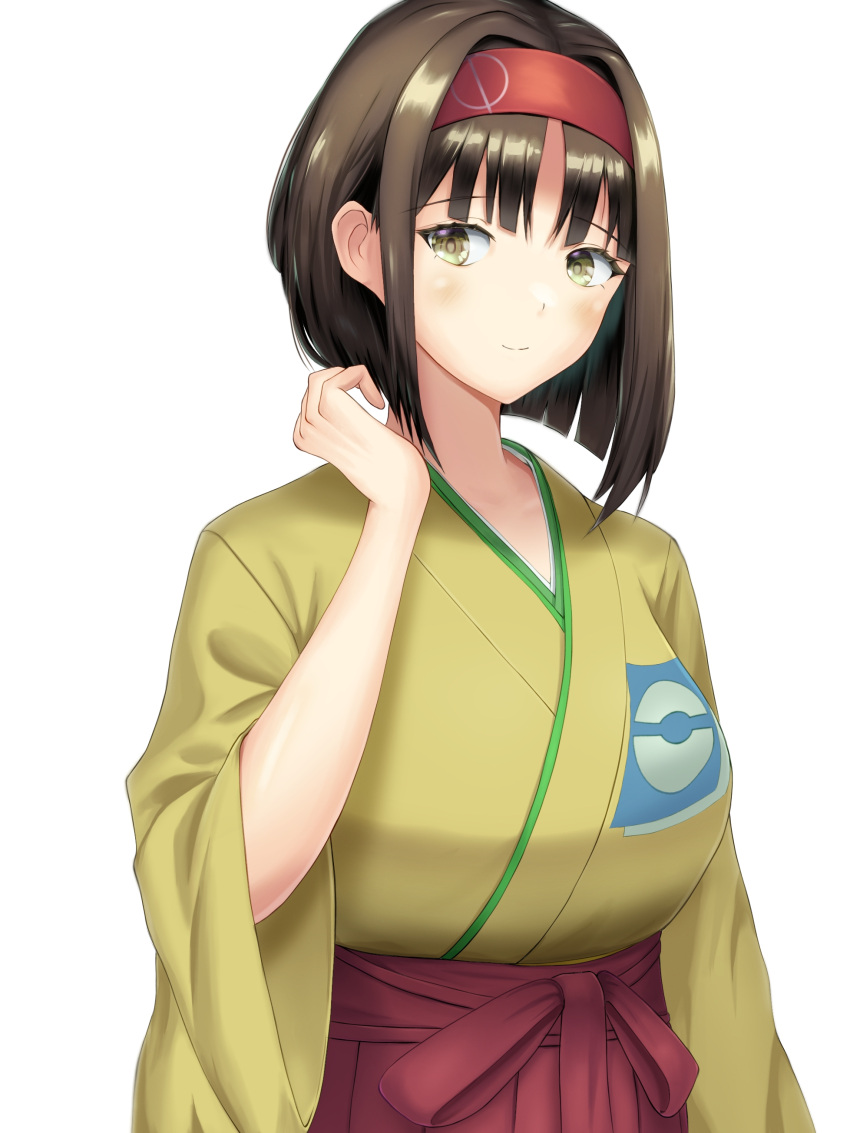 1girl absurdres bangs blush brown_hair closed_mouth commentary_request erika_(pokemon) eyelashes hairband hand_up highres japanese_clothes kimono looking_down medium_hair pleated_skirt pokemon pokemon_(game) pokemon_frlg red_hairband red_skirt redesim simple_background skirt smile solo white_background yellow_eyes yellow_kimono