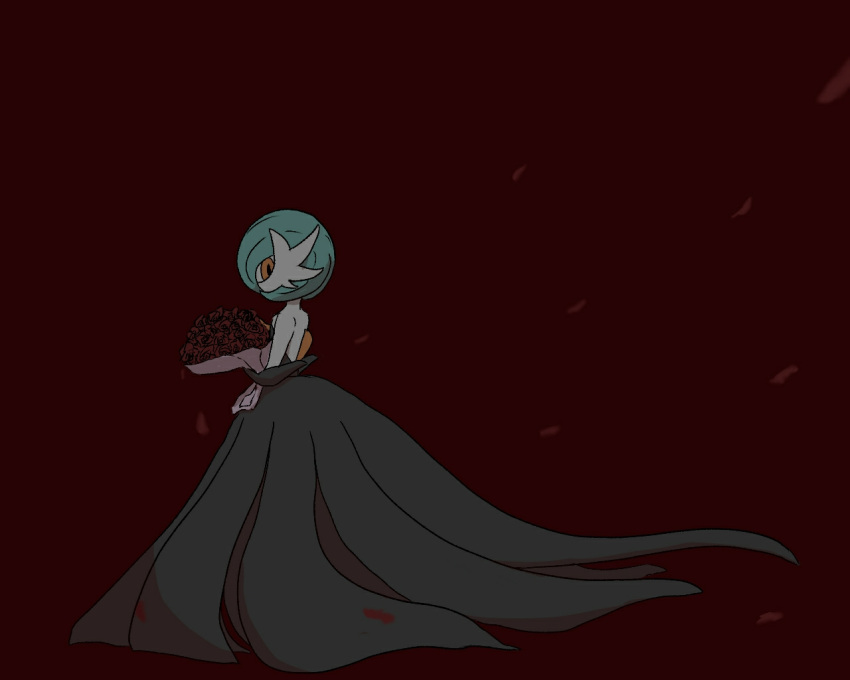 1girl alternate_color backless_dress backless_outfit bangs bare_shoulders black_dress black_gloves blue_hair bob_cut bouquet colored_skin commentary_request dark dress elbow_gloves flower from_side full_body gardevoir gloves herari holding holding_bouquet looking_at_viewer mega_gardevoir mega_pokemon orange_eyes petals pokemon pokemon_(creature) red_background red_flower shiny_pokemon short_hair simple_background solo standing strapless strapless_dress white_skin