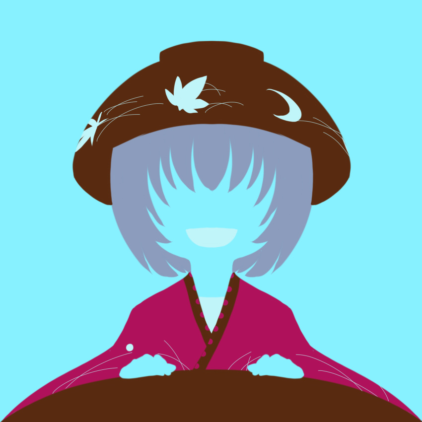 1girl blending blue_background bowl bowl_hat flat_color hat highres japanese_clothes kimono limited_palette maskin_mei no_eyes no_lineart portrait purple_hair red_kimono silhouette simple_background solo sukuna_shinmyoumaru touhou wide_sleeves