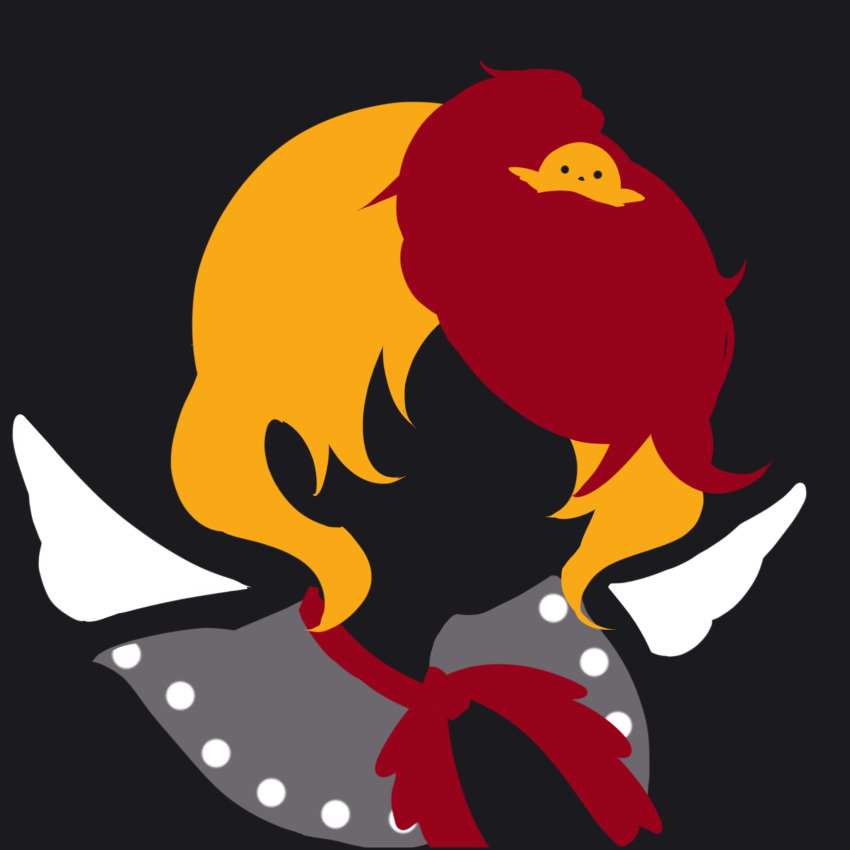 1girl animal_on_head bird bird_on_head bird_wings black_background blending blonde_hair chick flat_color highres limited_palette maskin_mei multicolored_hair niwatari_kutaka no_lineart on_head portrait redhead silhouette simple_background solo touhou two-tone_hair wings