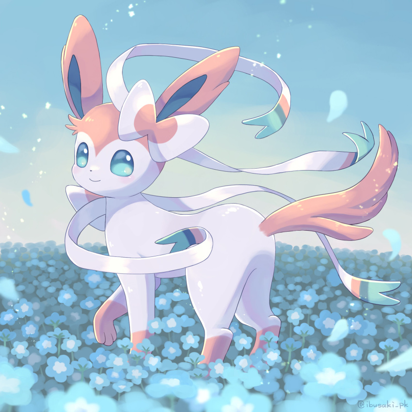 blue_flower blurry closed_mouth commentary_request falling_petals field flower flower_field green_eyes highres ibusaki_(ivu) looking_at_viewer petals pokemon smile standing sylveon watermark