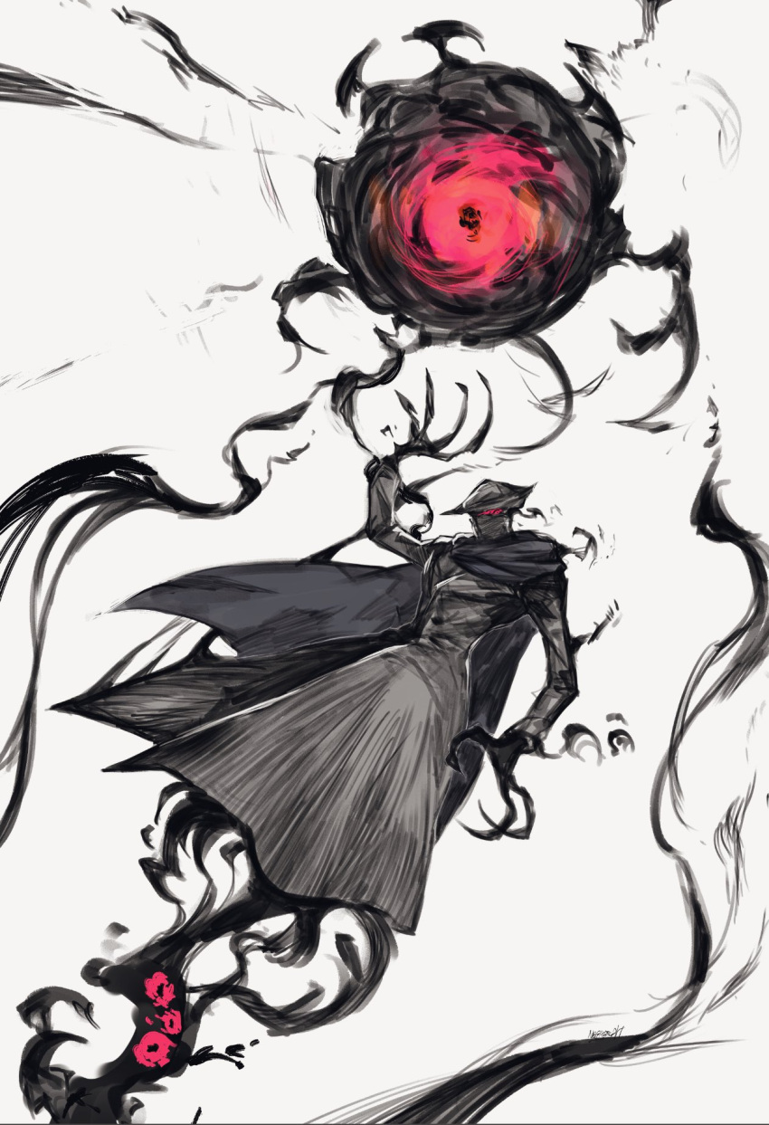 1other arm_up black_cape black_skin brown_cloak brown_headwear cape claws cloak colored_skin creature eldritch_abomination extra_eyes hat highres magic original raginhildr_of_the_abyss red_eyes simple_background tricorne white_background yourfreakyneighbourh