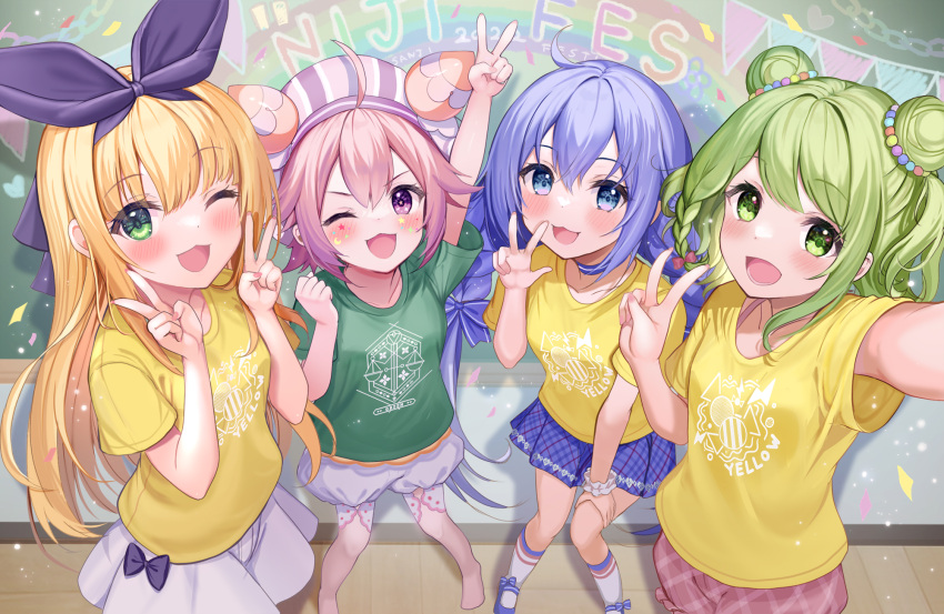 4girls ahoge akabane_(zebrasmise) bangs black_bow black_ribbon blonde_hair blue_bow blue_choker blue_eyes blue_footwear blue_hair blue_skirt blush bow braid chalkboard choker collarbone confetti crescent double_bun double_v full_body green_eyes green_hair green_shirt hair_between_eyes hair_bow hair_bun hair_ribbon hat highres kneehighs knees long_hair mononobe_alice morinaka_kazaki multiple_girls nijisanji one_eye_closed open_mouth pink_hair pink_shorts puffy_shorts purple_headwear ribbon shirt short_hair short_sleeves shorts skirt socks star_(symbol) t-shirt twin_braids ushimi_ichigo v very_long_hair violet_eyes virtual_youtuber white_shorts white_skirt white_socks white_wrist_cuffs yellow_shirt yuuki_chihiro