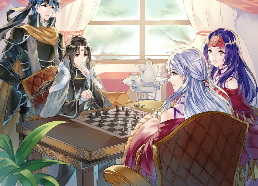 2boys 2girls bangle bare_shoulders black_hair blue_eyes blue_hair board_game bracelet cape chair chess chess_piece commentary_request cup curtains detached_sleeves dress facial_mark fire_emblem fire_emblem:_path_of_radiance fire_emblem:_radiant_dawn gloves grey_hair hair_ribbon half_updo headband ike_(fire_emblem) indoors jewelry jnsghsi light_rays long_hair long_sleeves looking_at_another micaiah_(fire_emblem) multiple_boys multiple_girls open_mouth plant playing_games purple_hair red_eyes ribbon robe sanaki_kirsch_altina sitting sleeveless sleeveless_dress smile soren_(fire_emblem) teacup teapot wide_sleeves window yellow_eyes