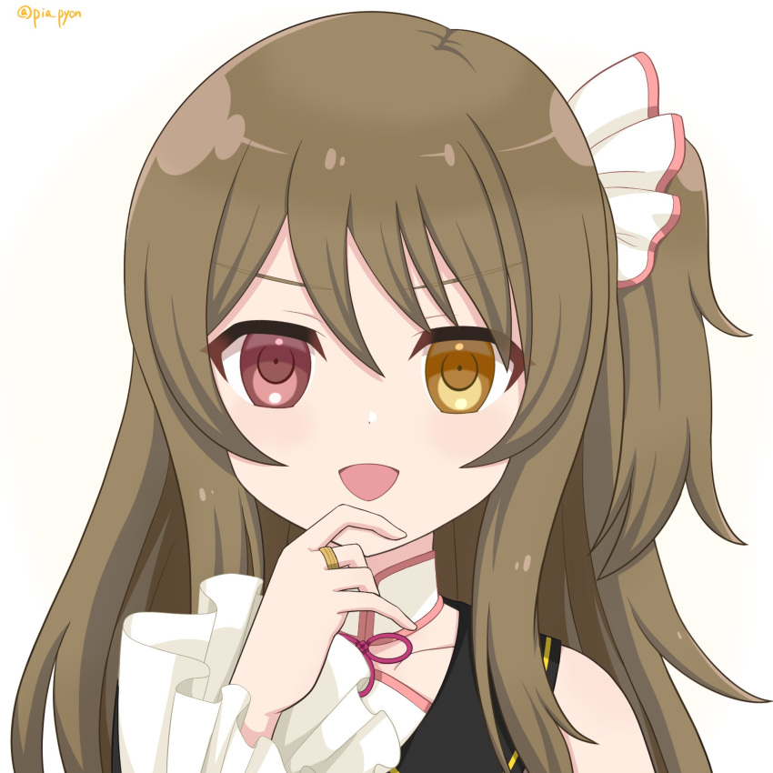 1girl :d assault_lily bangs bare_shoulders black_sailor_collar brown_hair collarbone commentary_request frilled_sleeves frills hair_between_eyes hair_ribbon hand_to_own_mouth hand_up heterochromia highres jewelry kuo_shenlin long_hair looking_at_viewer official_alternate_costume one_side_up open_mouth piatin pink_eyes portrait ribbon ring sailor_collar school_uniform serafuku shirt sidelocks sleeveless sleeveless_shirt smile solo twitter_username v-shaped_eyebrows white_background white_ribbon white_shirt wide_sleeves yellow_background yellow_eyes
