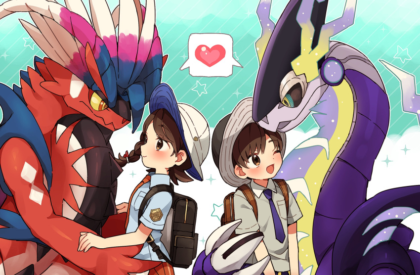 1boy 1girl ;d backpack bag bangs blush braid brown_eyes brown_hair closed_mouth collared_shirt commentary_request florian_(pokemon) hat heart highres juliana_(pokemon) koraidon miraidon necktie one_eye_closed open_mouth orange_necktie pokemon pokemon_(creature) pokemon_(game) pokemon_sv purple_necktie rii_(pixiv11152329) shirt short_hair short_sleeves smile spoken_heart star_(symbol)