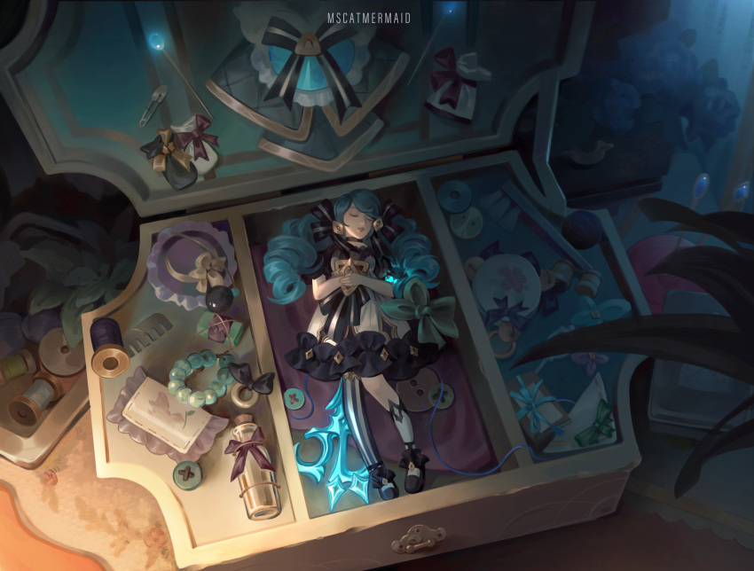 1girl asymmetrical_legwear bangs black_dress black_footwear black_ribbon bottle bow casket closed_eyes closed_mouth doll dress drill_hair green_hair grey_dress gwen_(league_of_legends) highres indoors league_of_legends lying mismatched_legwear ms.catmermaid needle on_back own_hands_together pantyhose red_bow ribbon scissors sewing_kit sewing_needle shoes solo striped striped_pantyhose twin_drills twintails