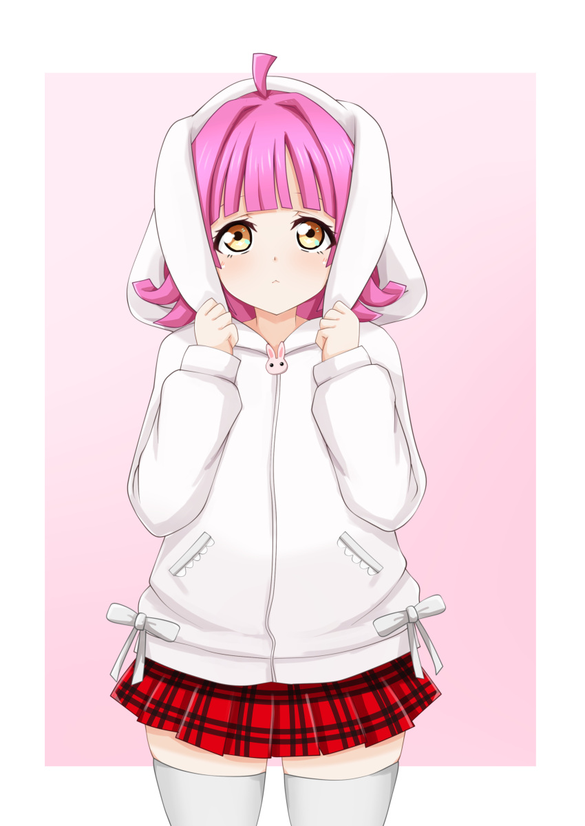 1girl :&lt; absurdres ahoge animal_hood bangs blunt_bangs blunt_ends border bow checkered_clothes checkered_skirt commentary_request expressionless hands_up highres hood hooded_jacket jacket kinnikku long_sleeves looking_at_viewer love_live! love_live!_nijigasaki_high_school_idol_club miniskirt pink_background pink_hair pulling rabbit_hood red_skirt short_hair skirt solo tennouji_rina thigh-highs thighs white_border white_bow white_jacket white_thighhighs yellow_eyes zettai_ryouiki