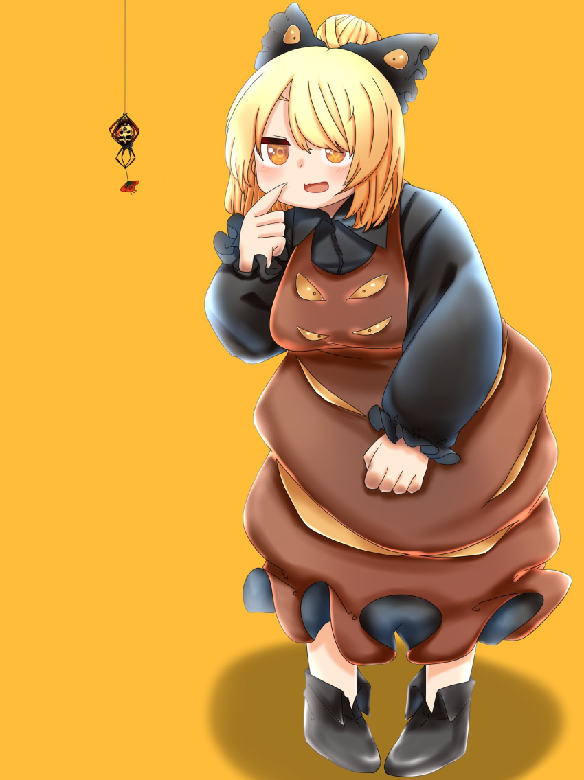 1girl bangs black_bow black_footwear black_shirt blonde_hair blush bow breasts brown_dress bug collared_shirt commentary_request dress extra_eyes flower frilled_sleeves frills full_body hair_between_eyes hair_bow hair_bun highres kurodani_yamame long_dress long_sleeves medium_breasts medium_hair open_mouth pinafore_dress red_flower ribbon rinyamame shirt shoes simple_background solo spider standing touhou yellow_eyes yellow_ribbon