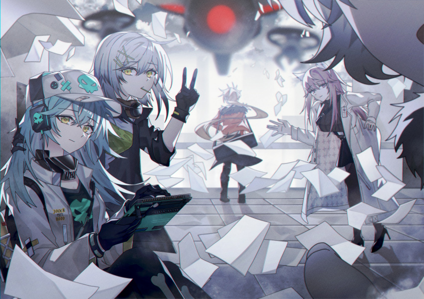 1boy 4girls absurdres antonina_(girls'_frontline_nc) aqua_hair bangs baseball_cap black_gloves black_jacket blonde_hair candy closed_mouth commentary_request croque_(girls'_frontline_nc) food from_behind from_side full_body girls'_frontline_neural_cloud gloves grey_hair hair_between_eyes hair_ornament hairclip hat headphones highres holding jacket labcoat lollipop long_hair looking_at_viewer mask mask_around_neck medium_hair multiple_girls open_mouth orange_jacket paper persicaria_(girls'_frontline_nc) ponytail simo_(girls'_frontline_nc) sol_(girls'_frontline_nc) sye v waving white_headwear white_jacket yellow_eyes