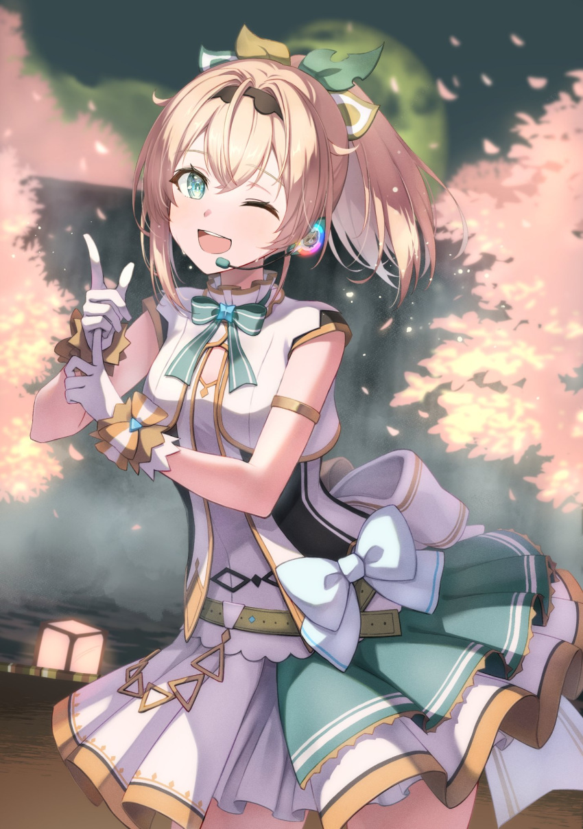 1girl awokani bangs blonde_hair bow cowboy_shot dutch_angle gloves green_bow green_eyes hair_between_eyes hairband highres hololive idol kazama_iroha leaning_forward looking_at_viewer microphone miniskirt one_eye_closed open_mouth ponytail skirt smile solo sweat virtual_youtuber white_gloves
