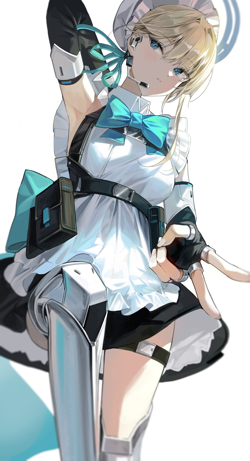 1girl absurdres apron arm_behind_head armpits belt_pouch blonde_hair blue_archive blue_bow blue_bowtie blue_eyes blue_ribbon boots bow bowtie braid bun_cover buri_(retty9349) chest_harness earpiece elbow_gloves fingerless_gloves frilled_apron frills gloves hair_ribbon halo harness highres knee_boots maid_headdress pouch ribbon toki_(blue_archive) v white_apron white_background