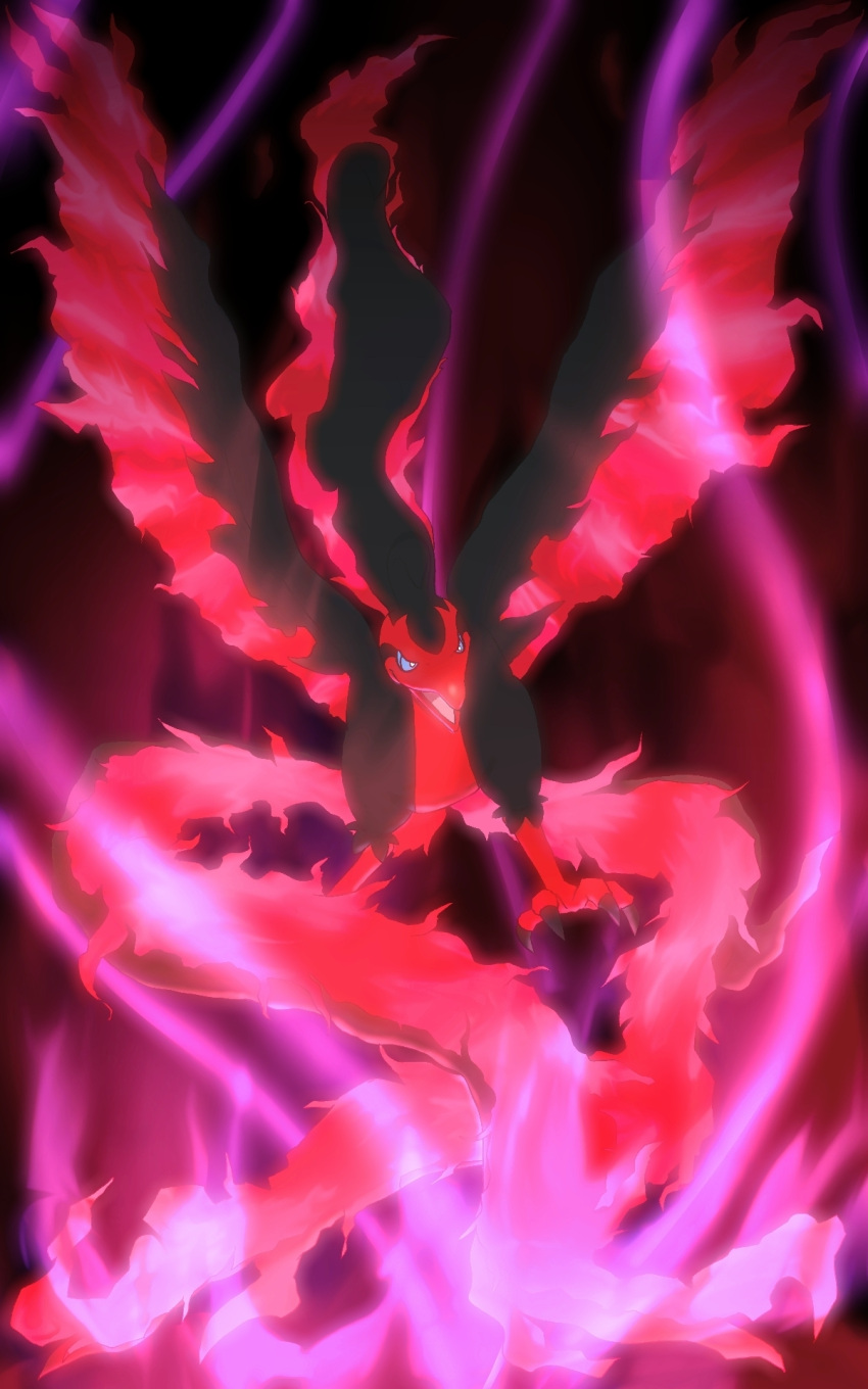 animal_focus bird blue_eyes blue_sclera bright_pupils claws colored_sclera commentary_request fiery_wings fire full_body galarian_moltres herari highres no_humans open_mouth pokemon pokemon_(creature) purple_fire solo underlighting white_pupils wings