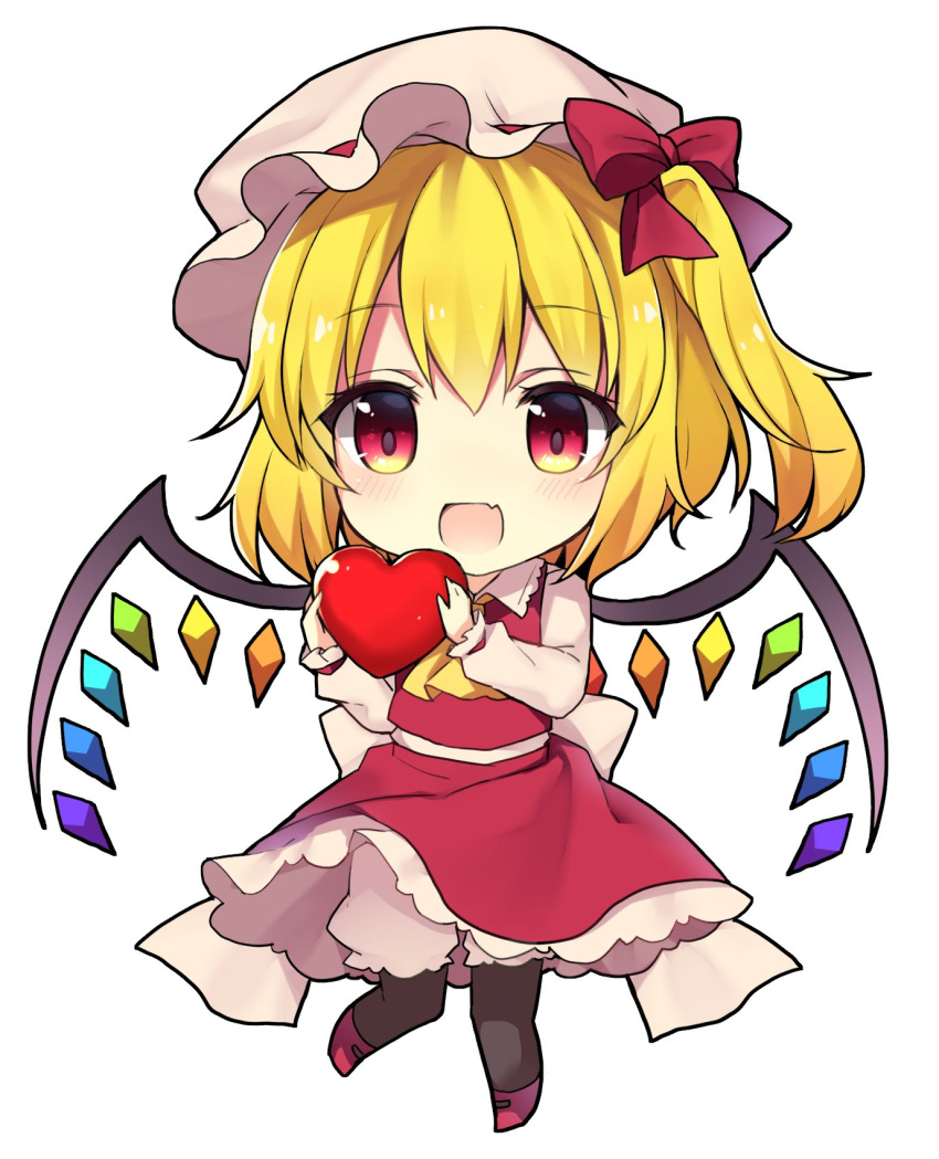 1girl :d ascot back_bow bangs bat_wings blonde_hair blush bow chibi commentary crystal eyelashes fang flandre_scarlet frilled_skirt frills hair_between_eyes happy hat hat_bow heart highres holding holding_heart long_sleeves looking_at_viewer open_mouth rainbow_order red_bow red_eyes red_skirt ruhika side_ponytail simple_background skirt smile solo symbol-only_commentary touhou white_background white_bow white_headwear wings yellow_ascot