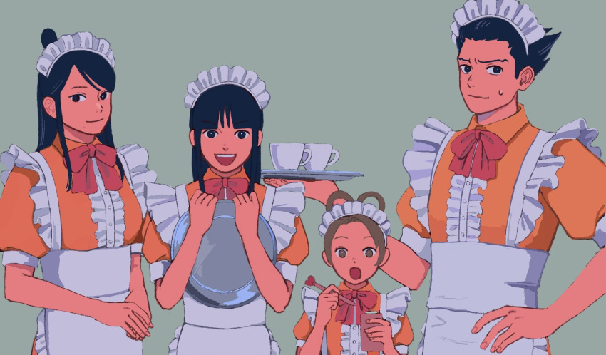 1boy 23011620x 3girls ace_attorney alternate_costume apron black_hair bow bowtie brown_hair center_frills closed_mouth crossdressing cup dress enmaided frilled_apron frills hair_rings highres holding holding_tray long_hair looking_at_viewer maid maid_apron maid_headdress maya_fey mia_fey multiple_girls official_alternate_costume open_mouth orange_dress pearl_fey phoenix_wright phoenix_wright:_ace_attorney_-_trials_and_tribulations puffy_short_sleeves puffy_sleeves red_bow red_bowtie short_hair short_sleeves siblings simple_background sisters smile spiky_hair sweatdrop tray white_apron white_headwear