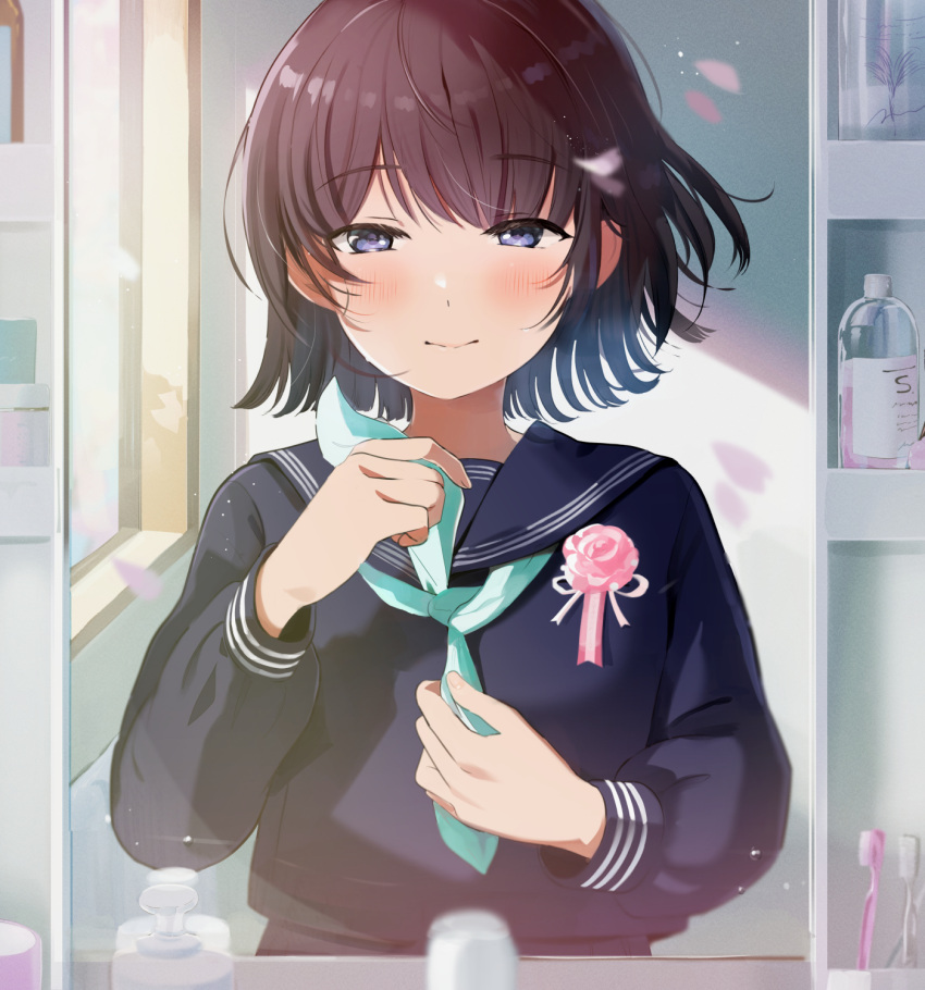 1girl adjusting_clothes adjusting_neckerchief bangs bathroom black_serafuku blue_eyes blush bob_cut brown_hair cherry_blossoms flower graduation highres light_smile long_sleeves looking_ahead looking_at_self mirror neckerchief original petals pink_flower pink_rose pov reflection rose school_uniform serafuku short_hair sink smile solo tasuku_(otomebotan) toothbrush upper_body white_neckerchief window